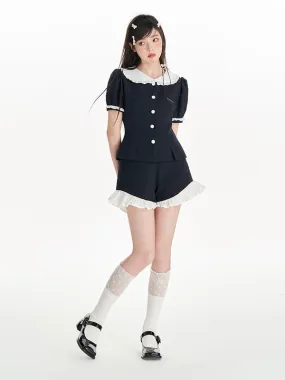 Doll Collar Puff Sleeves Small Fragrance Top & Frill Shorts