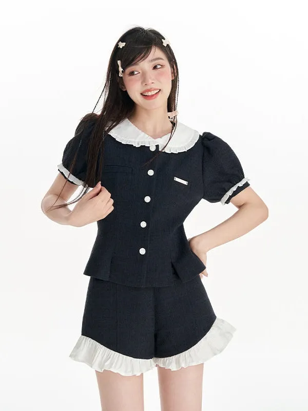 Doll Collar Puff Sleeves Small Fragrance Top & Frill Shorts