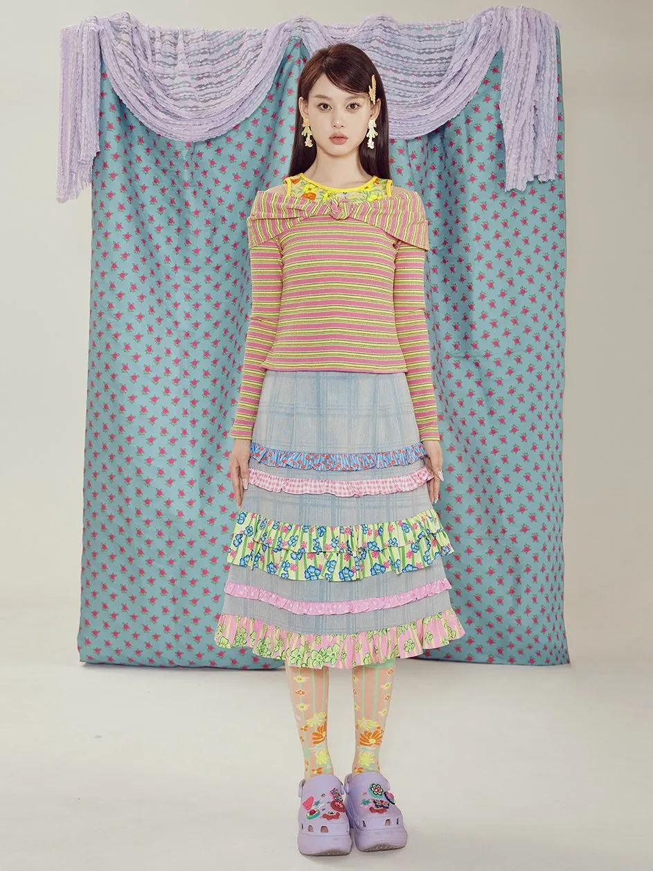 Frill Stitch Plaid Denim A-line High-waist Skirt