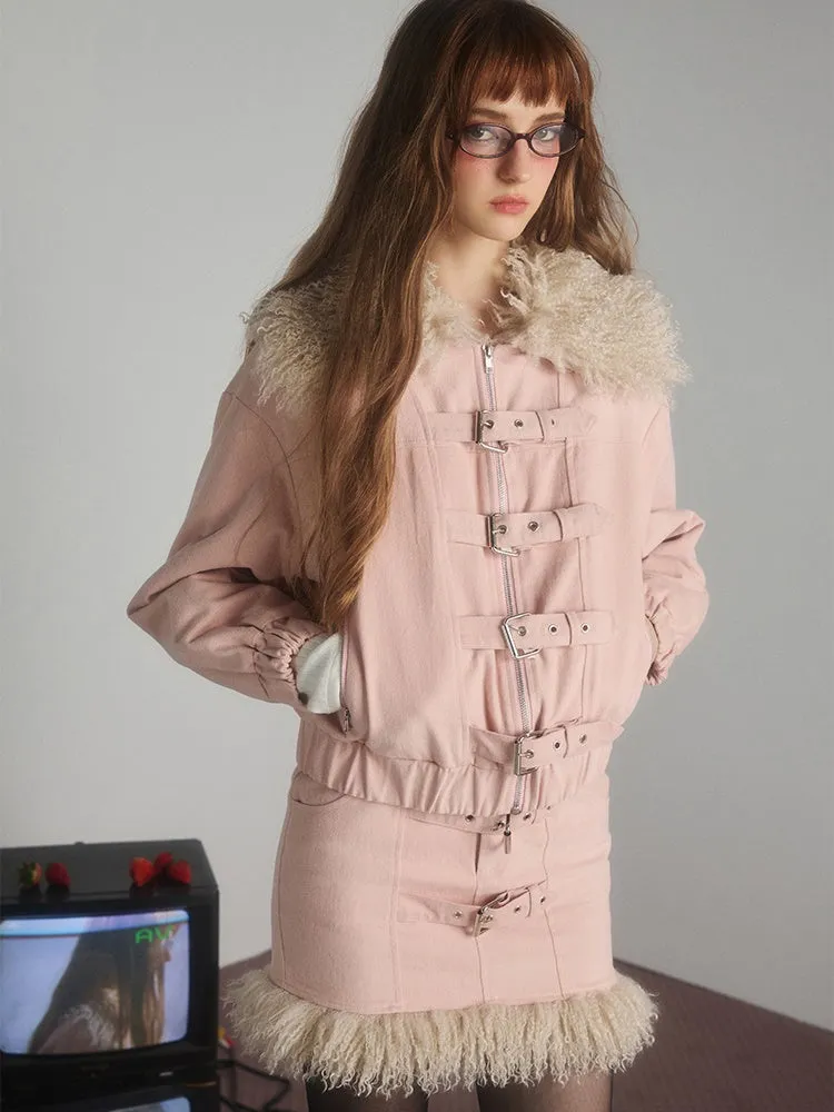 Fur Collar Strap Design Niche Short Jacket ＆ Skirt