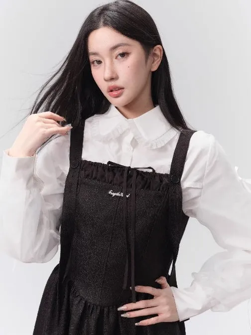 Jacquard Pleated Suspender Dress & Bow Patchwork Shirt