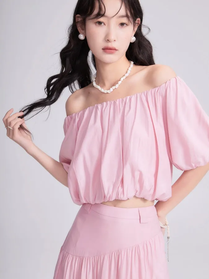 Loose Shirring Short Top & Shirring Split Skirt