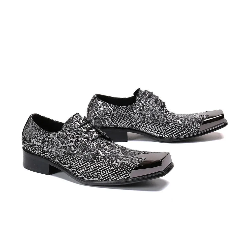 Men's Handmade Dark Gray Snake Pattern Leather Lace-up Oxford Shoes