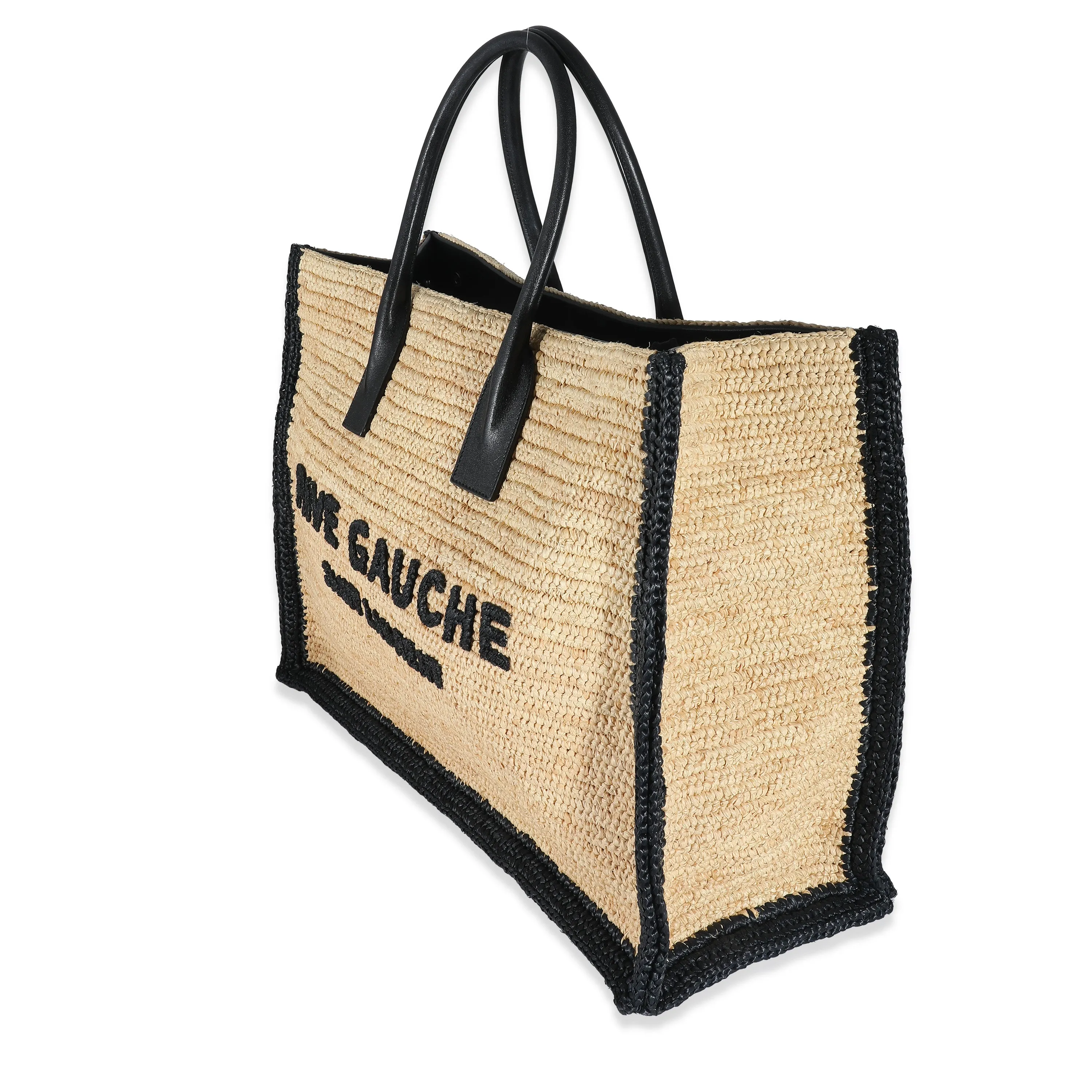 Saint Laurent Beige Natural Raffia Black Leather Rive Gauche Tote
