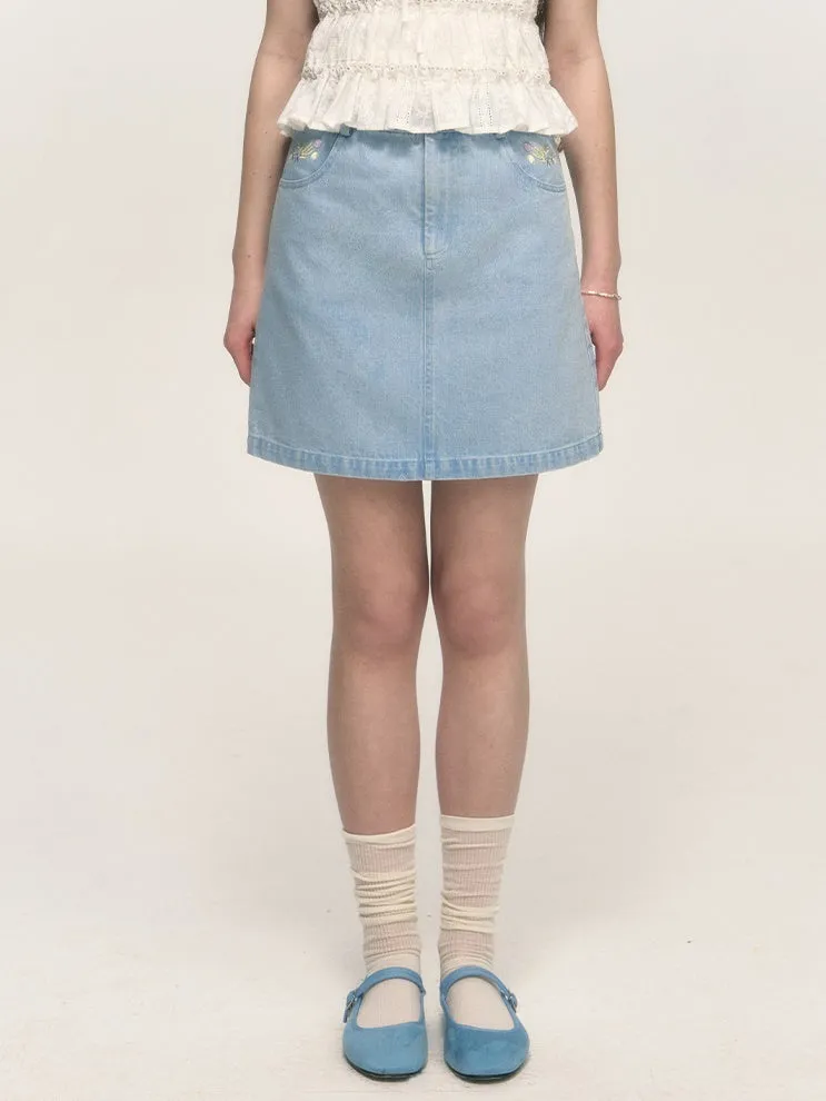 Simple Embroidery A-line Washed Denim Mini Skirt