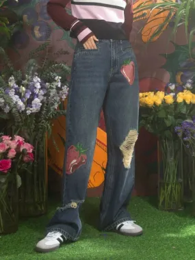 Strawberry Printed Old Ripped Washed Loose Denim