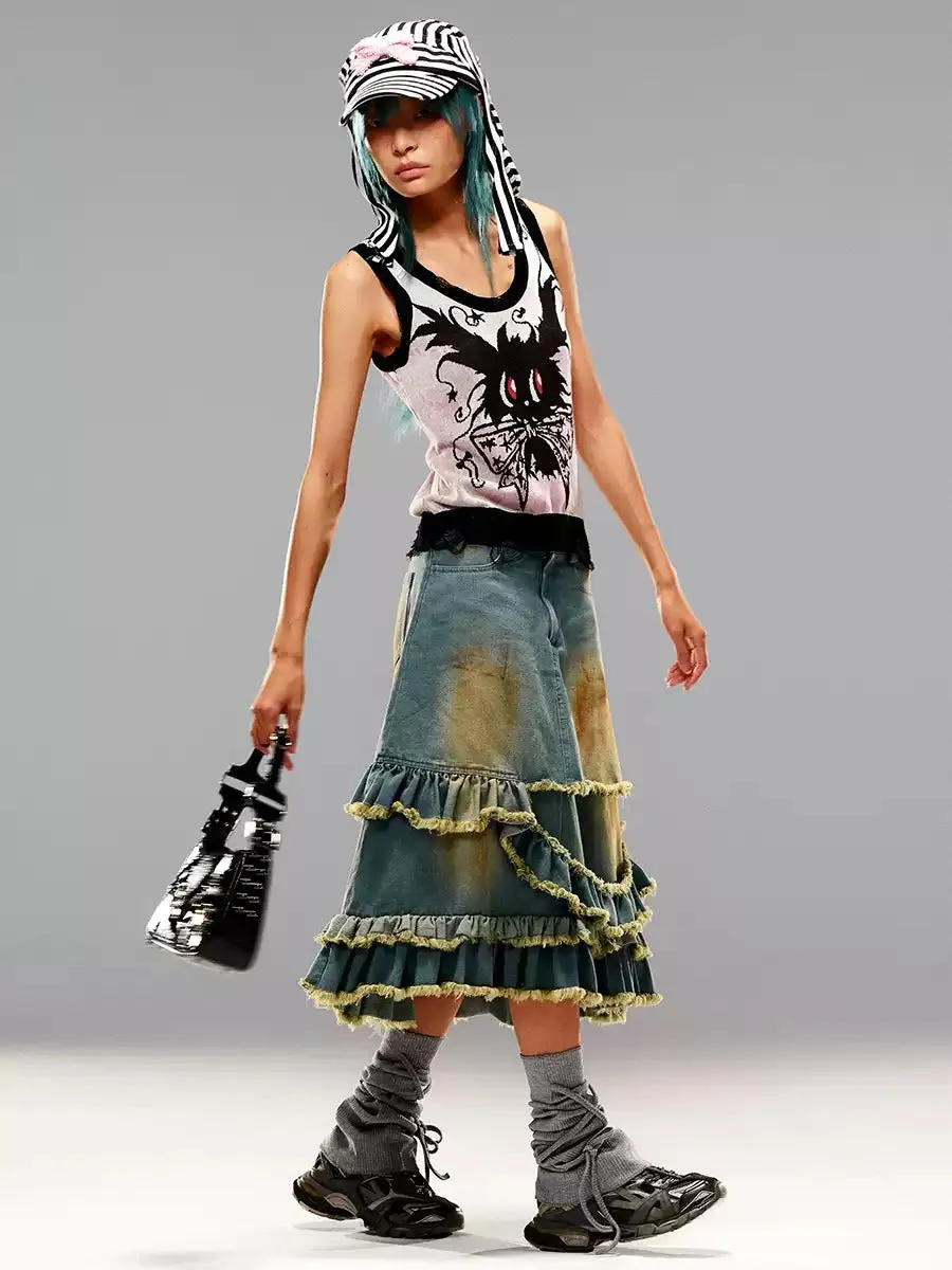 Tiered Frill Washed Asymmetry Denim-Skirt
