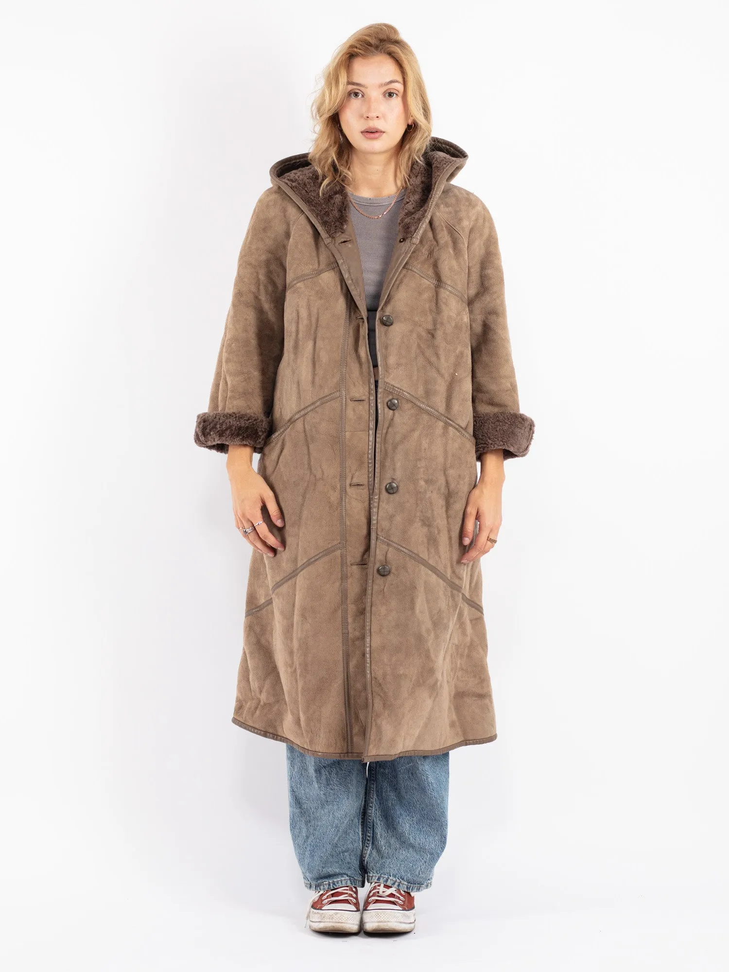 Vintage 70's Women Hooded Sheepskin Coat in Beige