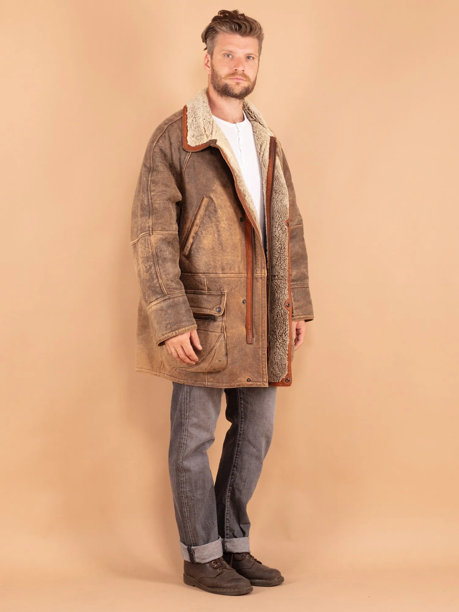 Vintage 80's Men Sheepskin Shearling Coat in Brown