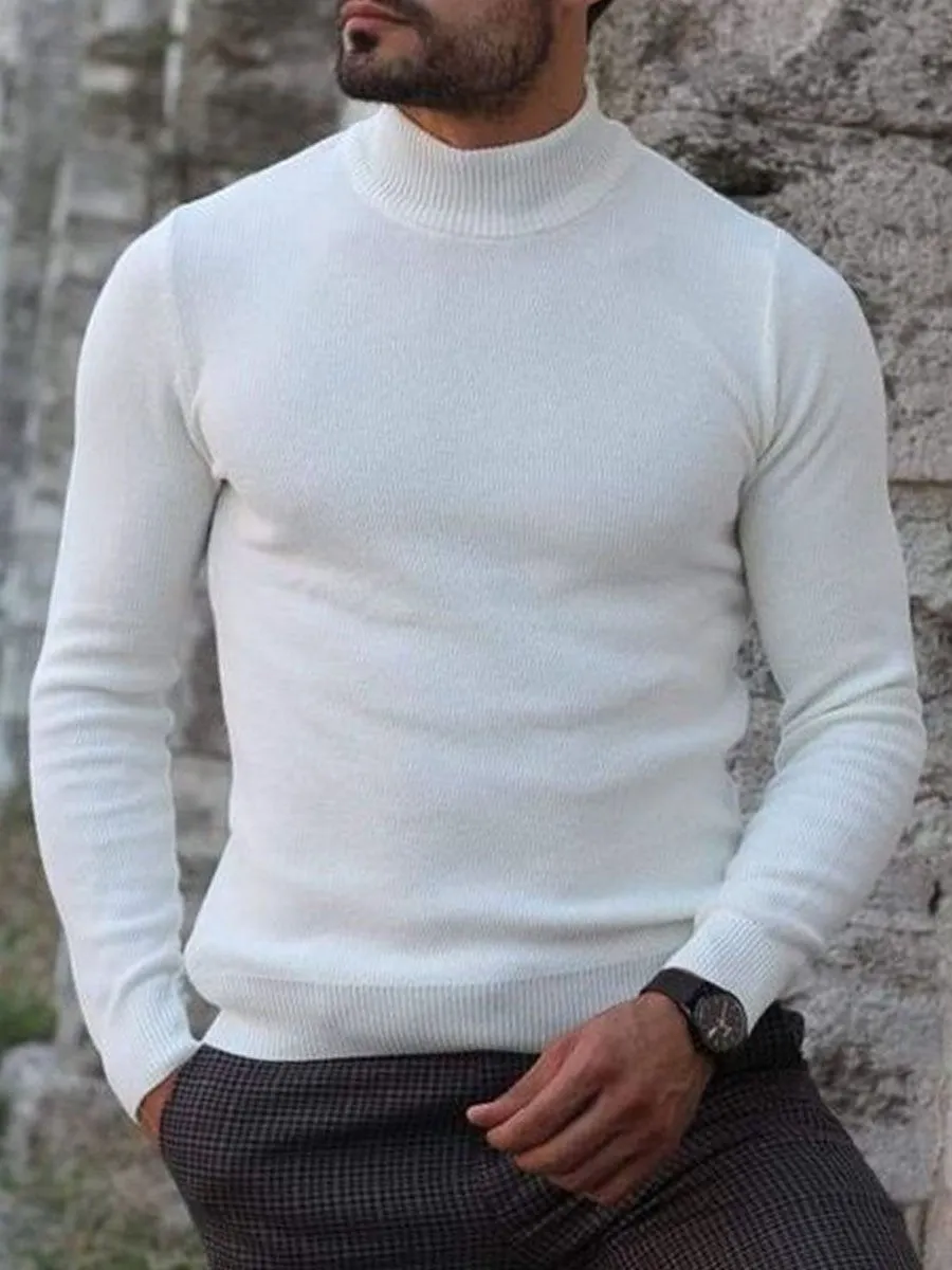 White Versatile Turtleneck Knitted Pullover Sweater